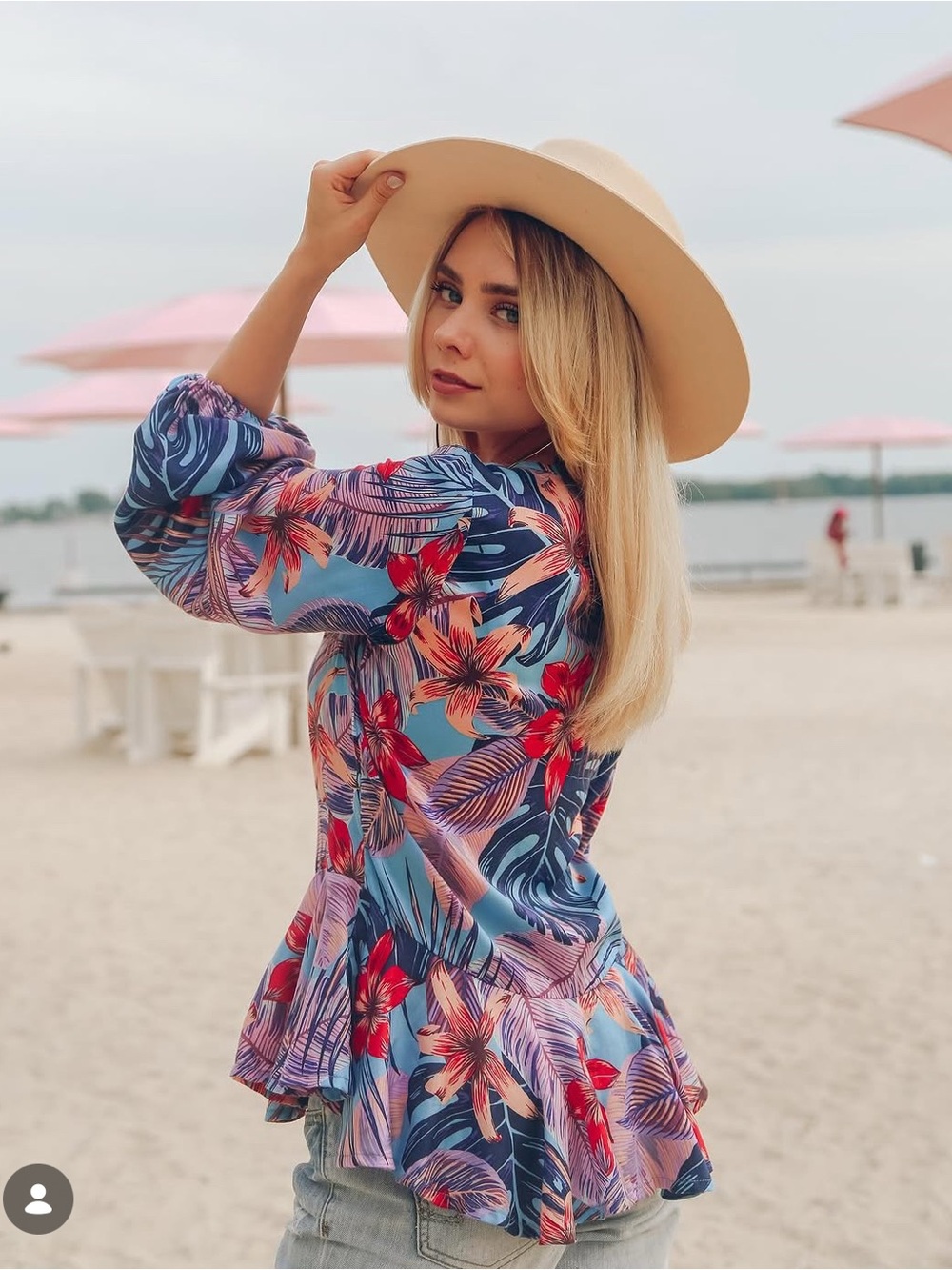 TAMGA Tropical Print V-Neck Blouse in Aqua, Pink & Navy (S)